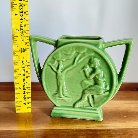 Green Art Deco Style Vase Rare Alamo Pottery MCM Greek God Pan & Grapevine - Picture 9 of 11